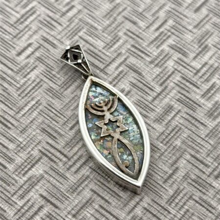 925 Sterling Silver Roman Glass Messianic Religious Symbols Pendant, 4.4g