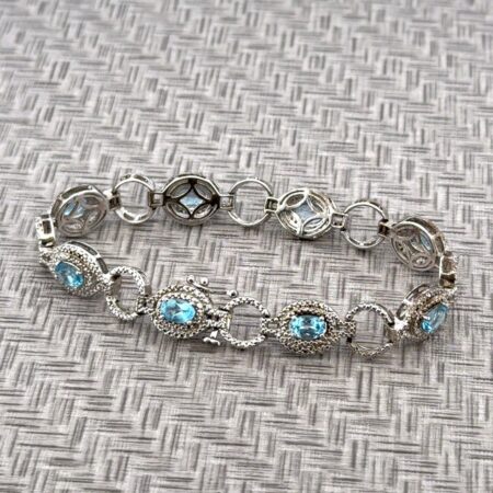 6.5” Blue Topaz 925 Sterling Silver Oval & Circle Link Bracelet 15.1g