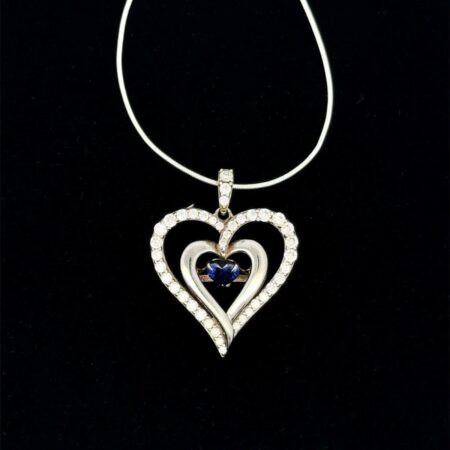 16” SUN .925 Sterling Silver Clear + Blue CZ Heart Pendant Necklace, 6.7g