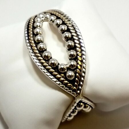 Taxco Mexico Two Tone Sterling Silver Beaded Cuff Bracelet, 6.5" Wrist, 34.5 gr