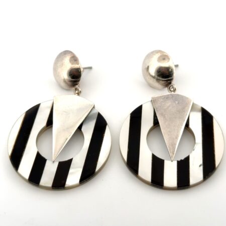 925 Sterling Silver Onyx & Mother of Pearl Disc Dangle Earrings 20.4g