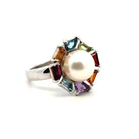 Size: 9 925 Sterling Silver Multi Stone & Pearl Ring, 6.3g