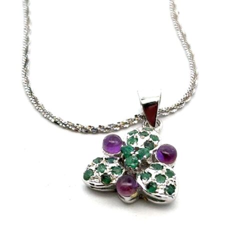 19” STS Sterling Silver Chain w/Emerald & Amethyst Cabochon Floral Pendant, 7.2g