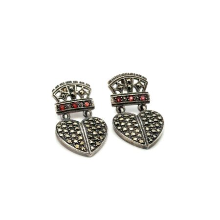 Vtg. Sterling Silver Scottish Luckenbooth Marcasite & Redstone Dangle Earrings