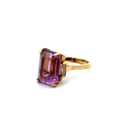 Vtg. UTC Sterling Silver Lab Amethyst Emerald Cut Gold Vermeil Ring, Size-6 4.7g