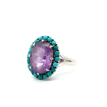 Sz. 8 925 Sterling Silver Large Amethyst + Small Turquoise Accent Rings, 6.5g