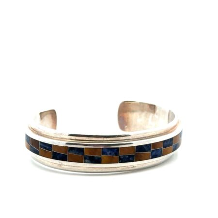 Taxco Crys 925 Sterling Silver Tiger Eye Sodalite Inlay Cuff Bracelet 6.5” 51.8g