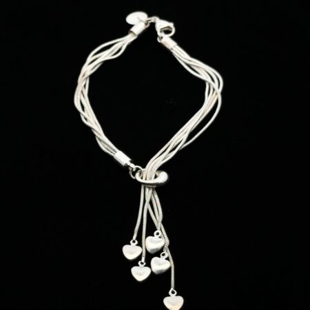 8” 925 Sterling Silver 5 Heart Tassel Strand Cascading Lariat Bracelet, 11.5g