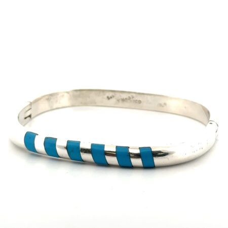 7.25” Taxco Mexico 925 Sterling Silver Turquoise Hinged Bangle Bracelet 35.6g