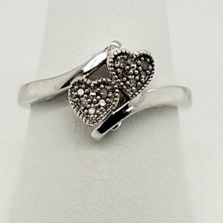 Sterling Silver Diamond Accented Double Heart Bypass Band Ring Size 7, 2.9 Grams