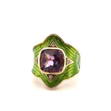 Size: 6 Gold Vermeil 925 Sterling Silver Amethyst & Green Enamel Ring 7.7g