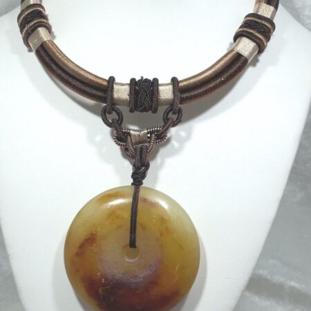 Natural Nephrite Jade Bi Disc Pendant Necklace Honey Brown Chinese Knot Cord