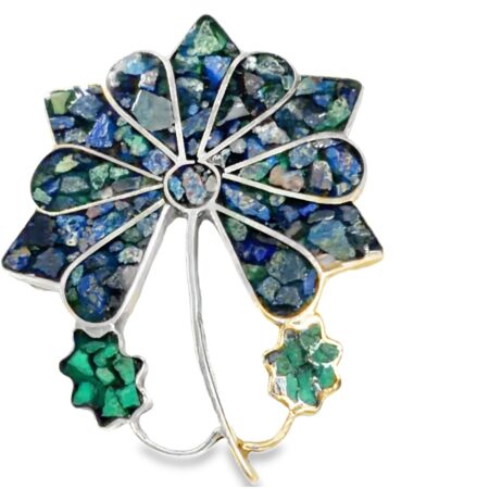Mosaic Green and Cobalt Blue Inlay Flower Pin/Brooch in Sterling Silver, 6.1 gr