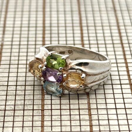 Size-8 Sterling Silver Amethyst, Citrine, Peridot, & Blue Topaz Stones Ring 6.1g