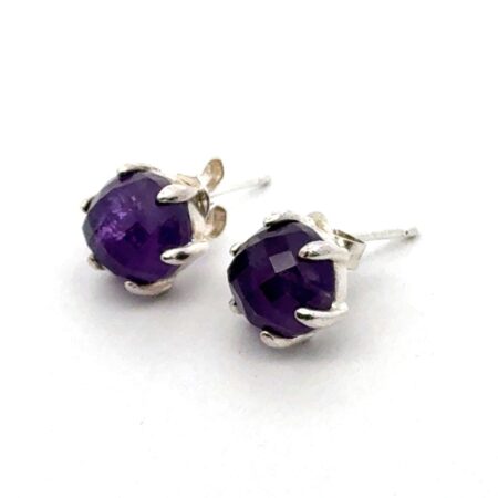 925 Sterling Silver Round Faceted Amethyst Stud Earrings, 2.5g