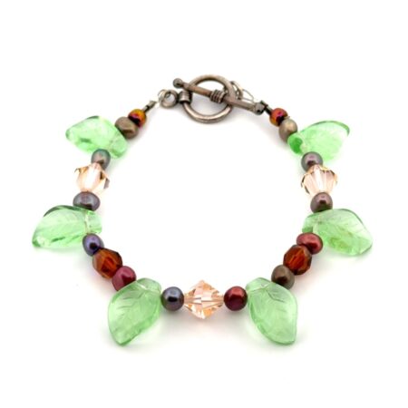 6.5” Glass Leaf Beaded 925 Sterling Silver Toggle Clasp Bracelet