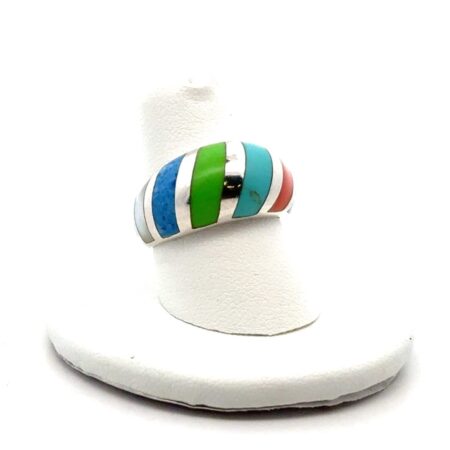Sz.-7.5 Sterling Silver Turquoise, Coral, Gasperite, Lapis Inlay Band Ring, 5.4g