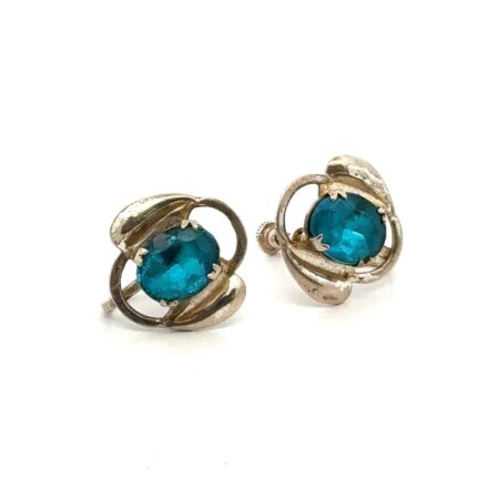 Vintage Oval Blue Glass 925 Sterling Silver Ribbon Design Retro Earrings 4.8g