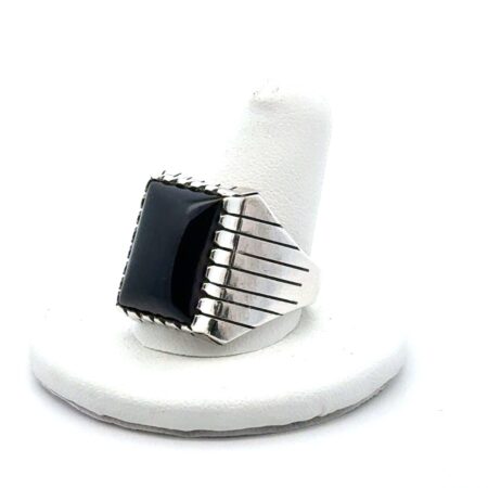 Vintage Navajo Ray Jack Sterling Silver Onyx Sawtooth Bezel Ring, Sz. 12, 14.4g