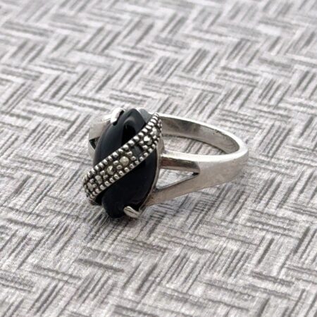 Vtg. Size-6 925 Sterling Silver Marquise Black Onyx & Marcasite Ring, 3.4g