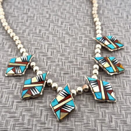 16” Navajo 925 Sterling Silver Turquoise, Coral, Onyx, & MOP Beaded Necklace 34g
