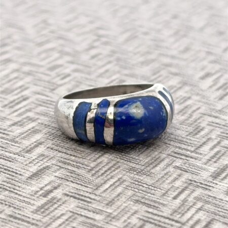 Vintage Size-7.25 .950 Silver Flush Lapis Lazuli Domed Band Ring, 5.7 Grams
