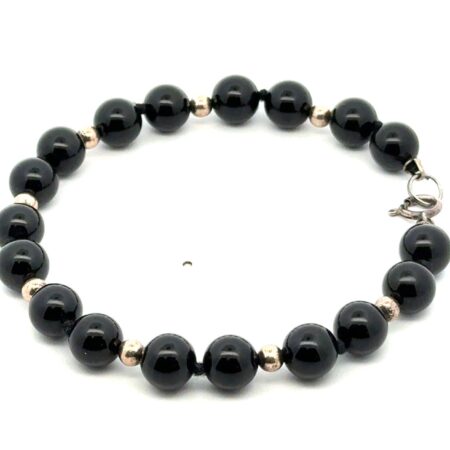 Vintage 8” 925 Sterling Silver Ball Beads & 8mm Onyx Bead Bracelet 14 Grams