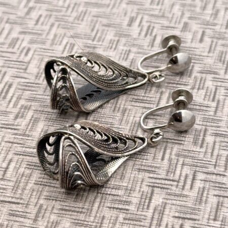 Vintage 1940s 925 Sterling Silver Filigree Screw Back Dangle Earrings 7.5 Grams