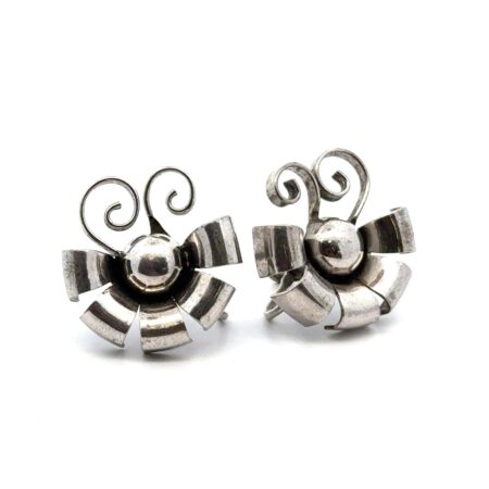 Vintage Mid Century Sterling Silver Ribbon Rosette Screw Back Earrings 8.1 Grams