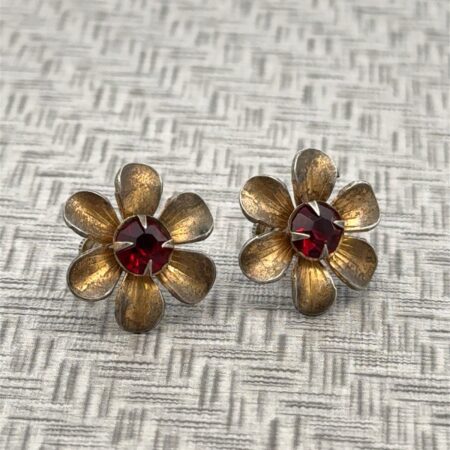 Vintage Sterling Silver Gold Vermeil Floral Red Rhinestone Screwback Earrings 4g