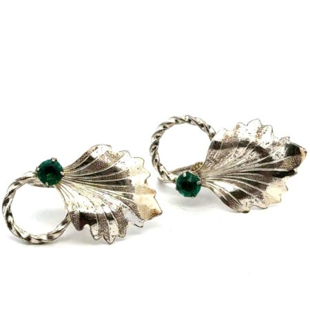 Vintage Sterling Silver Twisted Leaf Motif Green Rhinestone Earrings Screw 6.2g