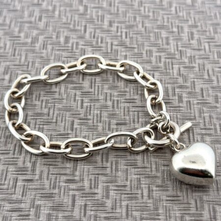 6.5” Oval Link 925 Sterling Silver Heart Charm Toggle Clasp Bracelet 26.7g