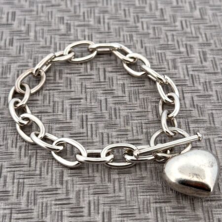 6” Wrist 925 Sterling Silver Puffy Jingle-Bell Heart Charm Toggle Bracelet 25.4g