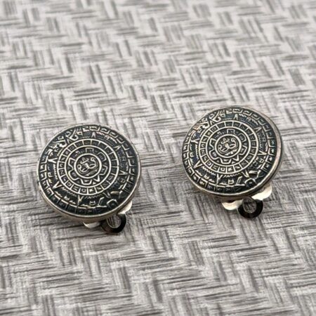 Taxco Mexico 925 Sterling Silver Aztec Calendar Clip-On Earrings 8.2g