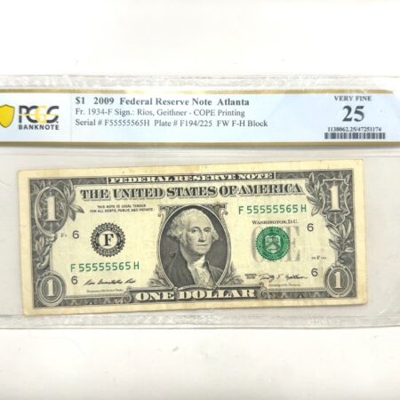 PCGS Graded 2009 $1 Federal Reserve Note Nearly Solid Serial Number #55555565