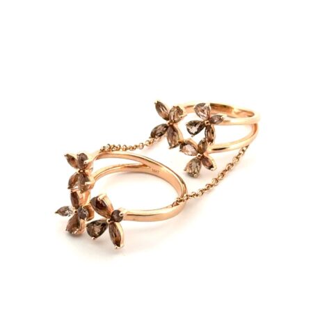 Size: 7 & 5 LeVian 14k Rose Gold Smoky Quartz Flower Chained Double Ring 7.9g
