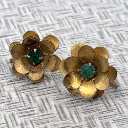 1940s Retro Era Sterling Silver Gold Vermeil Flower Green Stone Earrings 3.3g