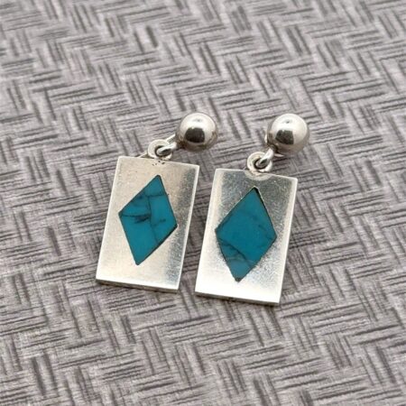 Taxco Mexico 925 Sterling Silver Turquoise Inlay Dangle Earrings 7.4 Grams