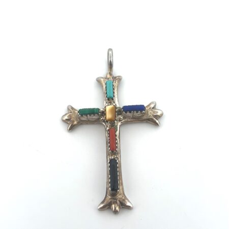G+L Leekity Zuni Sterling Silver Multi Stone Inlay Cross Pendant