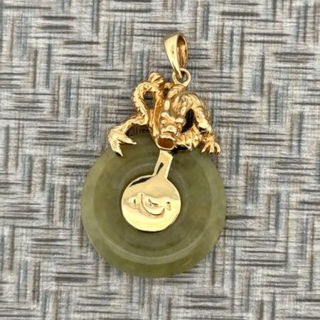 IWI 14k Yellow Gold Dragon Pendant w/ Green Jade Circle 4.3g