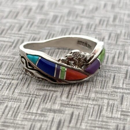 Eugene Charley Size 10.5 925 Sterling Silver Multi Stone Inlay Ring 5.4 Grams