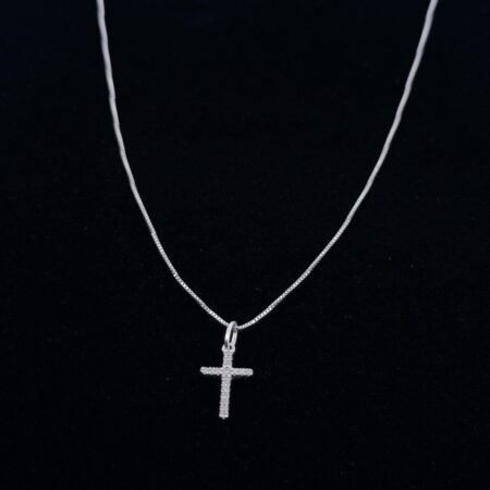 16” White Gold 10k Mini Diamond Cross Pendant Box Chain Necklace 1.4g