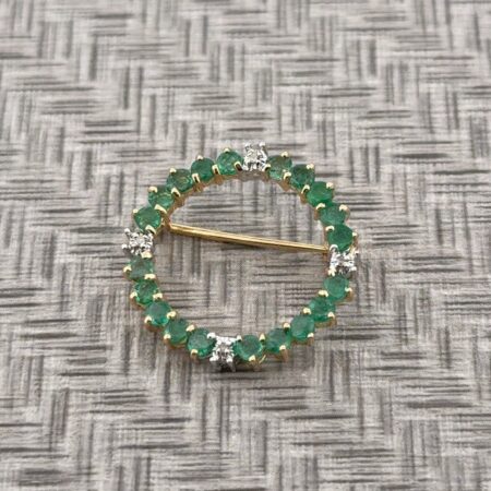 Vintage 14k Yellow Gold Natural Emerald & Diamond Circle Brooch/Pin 2.9g