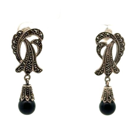 925 Sterling Silver SU Onyx Bead & Marcasite Dangle Earrings Art Deco 6.0 Grams