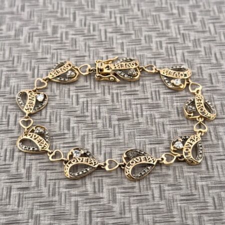 7.5” Gold Vermeil 925 Sterling Silver Love Heart Link CZ Bracelet 8.7g