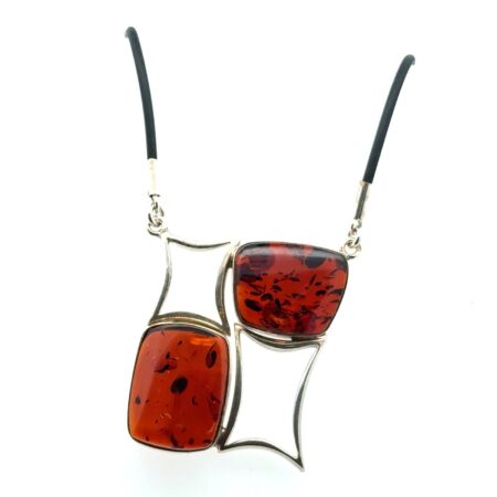 18” 925 Sterling Silver Baltic Amber Rubber Cord Pendant Necklace 21.4 Grams