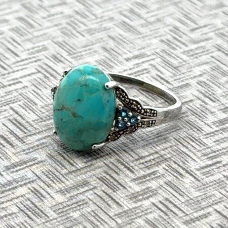 Vtg Size 9.5 Sterling Silver Oval Turquoise Stone Blue Spinel Accent Ring 4.7g