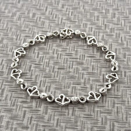 7.5” 925 Sterling Silver Infinity & Double Heart Link Bracelet 11.1g