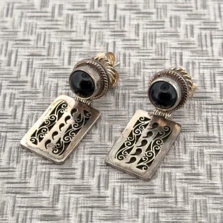 Vintage 925 Sterling Silver Black Onyx Scrollwork Dangle Earrings 10.9g