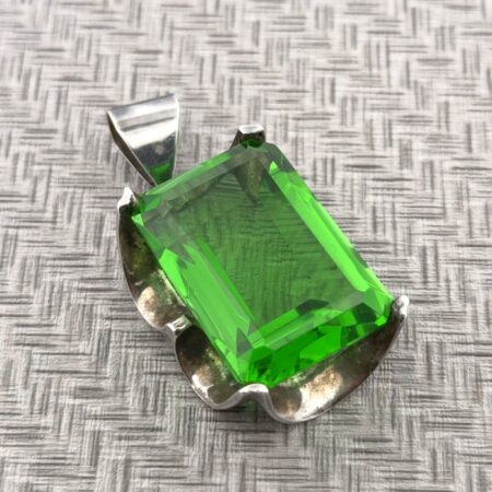 Taxco Mexico Large Emerald-Cut Green Glass 925 Sterling Silver Pendant 29.8g